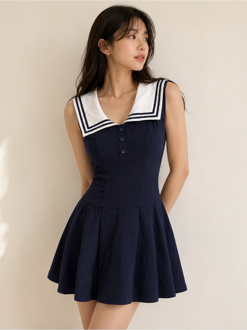 Navy Sailor Collar Sleeveless Mini Dress Fit & Flare Button Front Preppy Kawaii